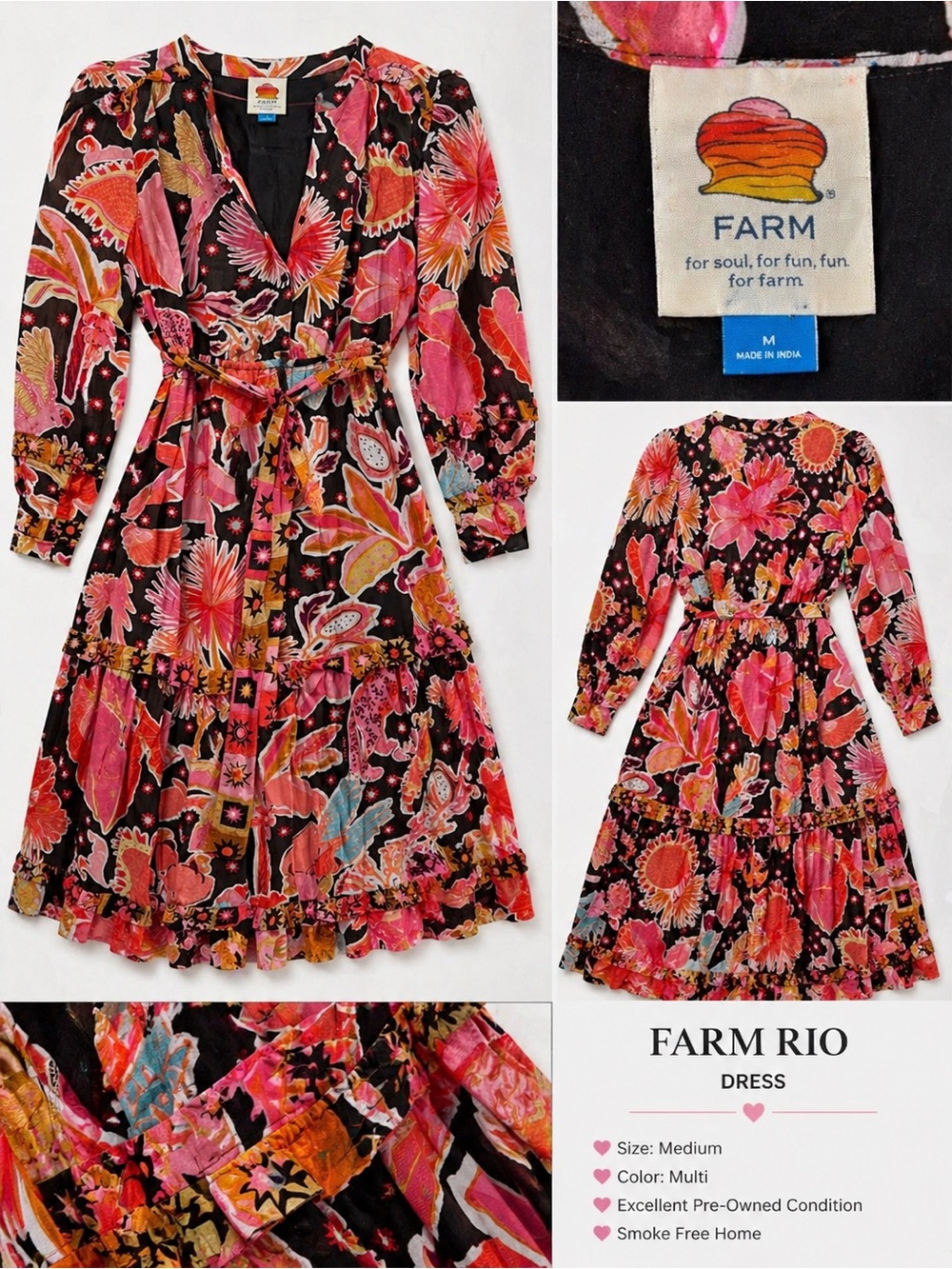 FARM Rio Black Multi Floral Tiered Wrap Dress